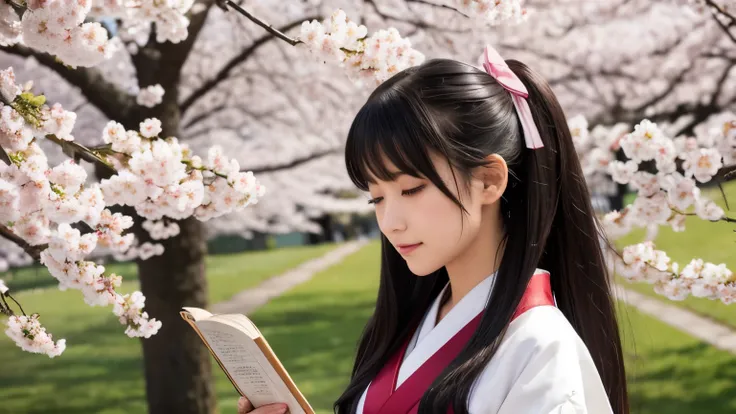 Japanese style beauty with long black hair、ponytail、shrine maiden costume、I look down and read under the cherry blossom tree.、profile、eyes closed、Cherry blossom petals falling