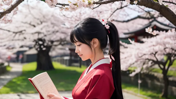 Japanese style beauty with long black hair、ponytail、shrine maiden costume、I look down and read under the cherry blossom tree.、profile、eyes closed、Cherry blossom petals falling、shrine