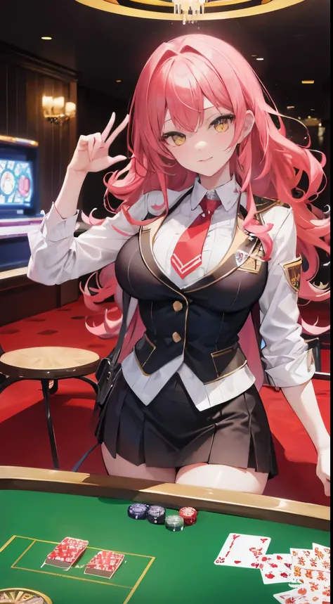 Pink hair girl,curly wavy hair,yellow eyes,big breast,((Red academy uniform)),casino,illustration,highest quality,ultra-detailed,vivid colors,studio lighting,sharp focus (best quality,4k,8k,highres,masterpiece:1.2),extremely detailed eyes and face,longeyel...