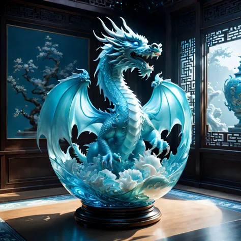 A dragon is displayed in an empty room, RococoStyle, Crystal nuclei, Realistic light depiction, interesting and complex, light blue, hidden academia, World pattern,The body of the vase is illuminated by light, RococoStyle, futuristic elements, Crystal nucl...