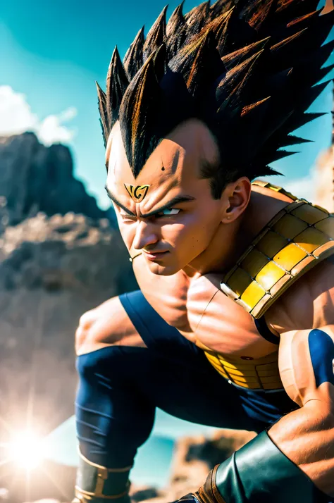 (high detailed skin:1.2), serious, looking at viewer, black spiked hair, black eyes, armor, white gloves, RAW photo,  vegeta, 1boy,  small details, photorealistic, ultra-realistic photo, 8k uhd, dslr, soft lighting, high quality, film grain, ((masterpiece)...