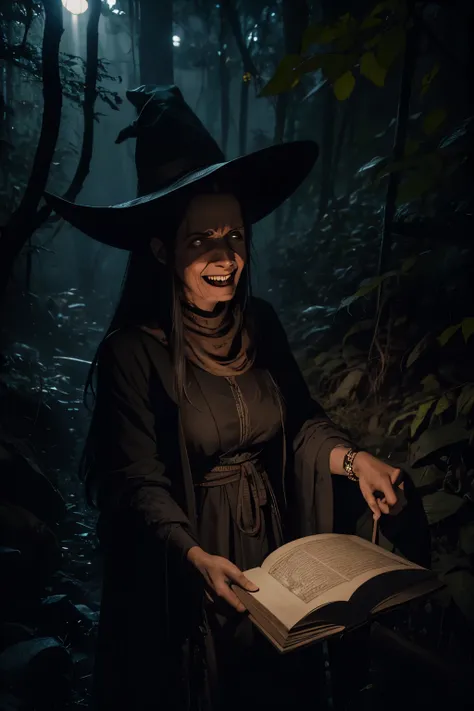 Dirty old witch in the middle of a dense forest at night carrying several books, retrato, bruxa assustadora e grande, dark scenery, estilo horror, pesadelo, livros de bruxaria, mulher macabra, sorriso perturbador, sorriso com dentes afiados, rosto levement...