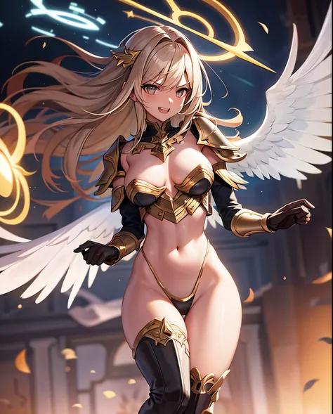 fantasy, 1angel_girl,, ,brown_hair, medium_bob_hair, long_bangs, halo,bare_shoulder,thighhighs,silver_armor, waist_armor, large_breasts,angry,grinning,open_mouth_teeth, 1pair_wings, dynamic_pose_fighting,floating, bare_crotch, headgear,gauntlet, greaves,ci...