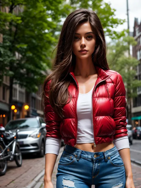 a gorgeous brunette woman (cristy ren),, masterpiece, best quality, (photorealistic:1.4), (red soft puffer jacket:1.25), (white ...