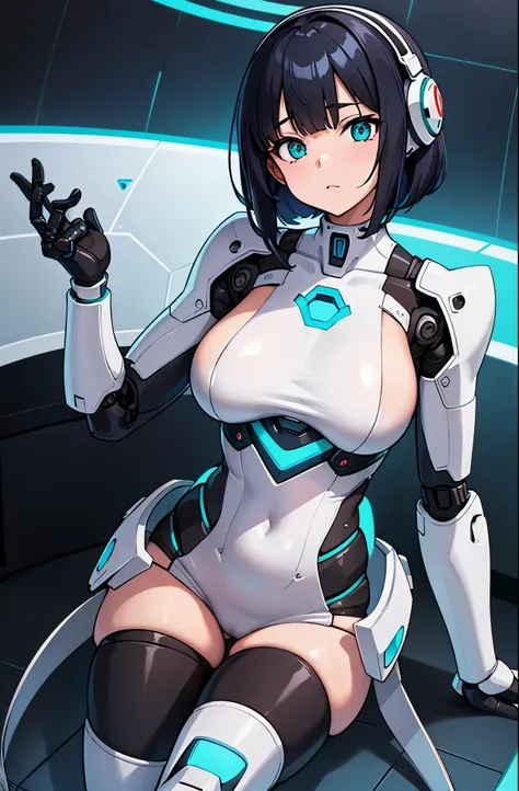 masutepiece, Best Quality, Extremely detailed,   8K portrait,1girl in, Japaese android gid,Plump , announcer,control panels,android,Droid,Mechanical Hand, ,Robot arms and legs, Black hair,Mechanical body,Blunt bangs,White Robotics Parts,perfect robot woman...