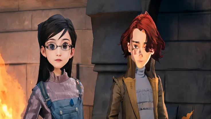 children in a scene with a fire in the background, medium shot of two people, close up, close-up, two people, movie, Harry Potter movie screenshot, screenshot from the movie, protagonist in foreground, character portrait closeup, looking this way, movie st...