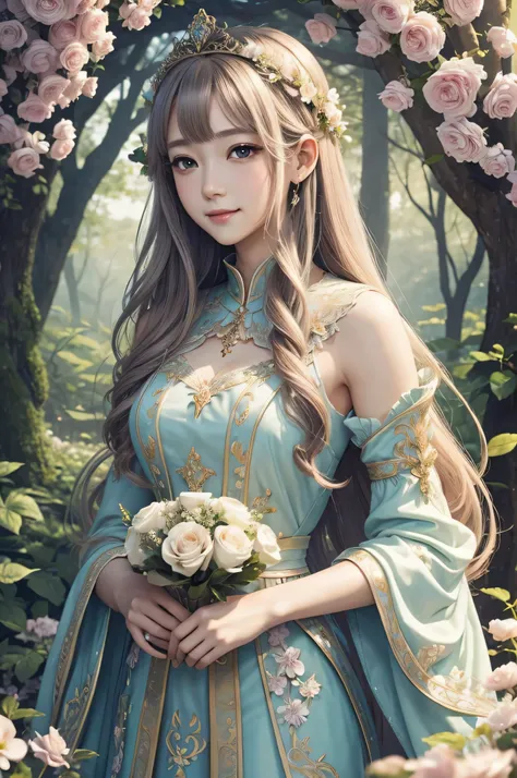 high quality，masterpiece，delicate features，delicate hair，delicate eyes，delicate hair，anime manga girl，Floral, dreamy style, fantastic flower garden, fantasy style clothing, romantic dress, Beautiful angel queen and elegant, beautiful fantasy empress, fanta...