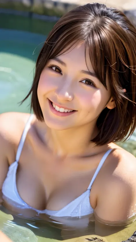 realistic, 1 girl, shining eyes, smile、brown hair、Ultra high definition、cleavage、bathing in a hot spring、Japanese hot springs、dark night、moon、bedrock、brown hair、short bob hair