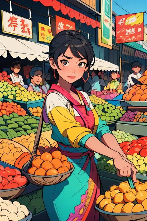 (Masterpiece, high definition): Vibrant market scene, bustling with activity, intricately drawn fruit and vegetable stalls, colorful textiles and patterned fabrics, lively marketgoers interacting, vector illustration style, sharp lines and clean edges, viv...