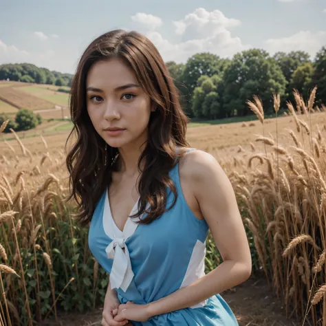 highly detailed stunningly gorgeous 25 year old Japanese woman in a short fashionable blue dress (big breast and buttocks: 0.1), pale skin, brown eyes, looking at the camera, on a farm walking in a field of wheat , long curly hair, (perfect eyes:1.2), (per...