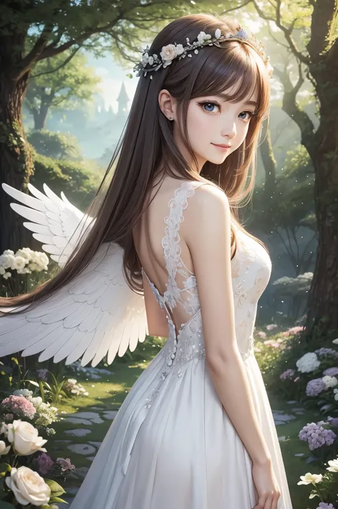 high quality，masterpiece，delicate features，delicate hair，delicate eyes，delicate hair，animemanga girl，Floral, dreamy style, fantastic flower garden, fantasy style clothing, romantic dress, Beautiful angel queen and elegant, beautiful fantasy empress, fantas...