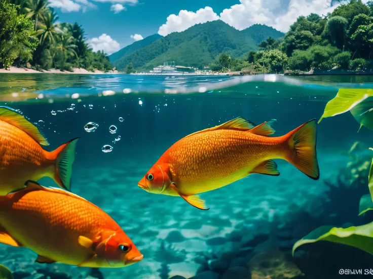 (best quality, ultra-high resolution, real, photorealistic:1.2, 8K), BREAK, detailed water, view from inside the lake, tropical fishes, from side, daytime, sparkling