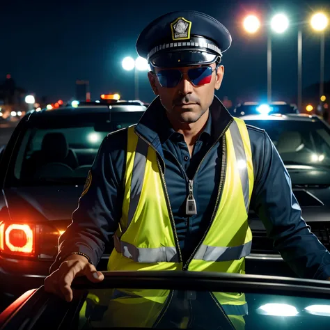 A traffic police with a yellow vest and aviator sunglasses and a cap by the car window, 8k, best quality, red and blue lights reflecting on his left side, he has a flashlight pointed at viewer, night