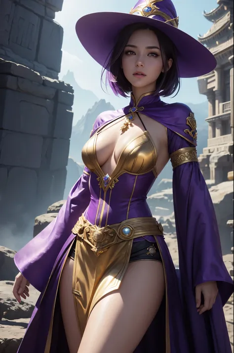 8K,goddess with very small breasts,Goddess and wizard wearing purple costumes,very beautiful eyes,golden eyes,Light Purple Short Bob Hair,purple and gold skirt,small breasted goddess,rugged appearance,Highly detailed ArtGerm, up to the model | types of bac...