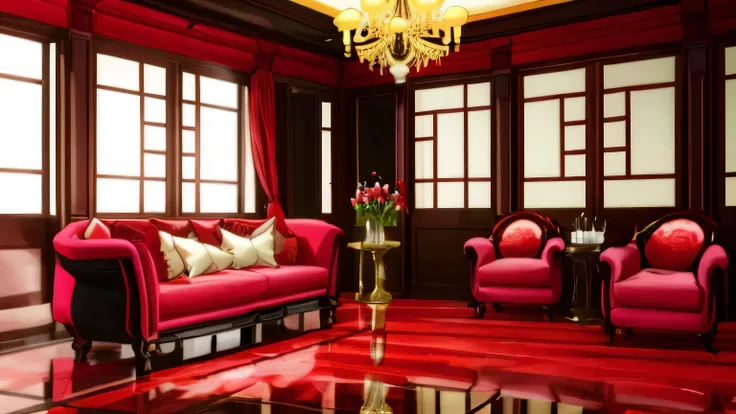 Shanghai old Shanghai Paramount gorgeous classical decoration Chinese style classical red white black quiet afternoon indoor table sofa floor lamp flowers roses antique decoration mafia no one portrait pure indoor no one 