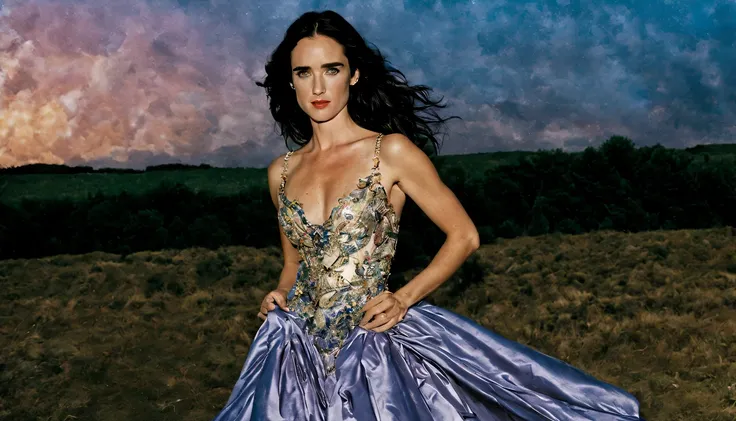 beautiful young lady (Jennifer Connelly), (22 anos), vestido longo "0 139 139", de corpo inteiro, em um mundo de fantazia castelo nas nuves, em um por do sol com unicornil