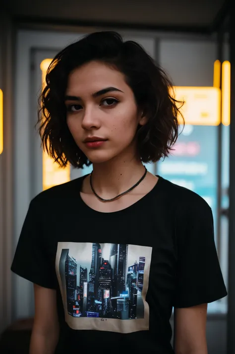 (analog photograph:1.1), (punk girl:1.15), Short brown curly hair, (Black T-shirt:1.15), (20 years old, young:1.2), , (:1.1), collar, eyeliner cream, European, Comfortable bedroom, (neon glowing, cyberpunk:1.2), wave, warm color, (invitation expression:1.0...