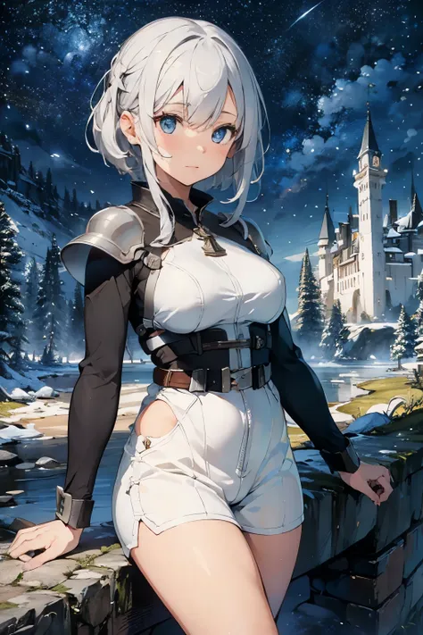 (((masterpiece))), (((best quality))), ((ultra-detailed)), (cinematic lighting), (illustration), (beautiful detailed eyes), (1girl), full body, space, knight, armour, light hair, walking, castle in distance, best quality, expressive eyes, perfect face, Gir...