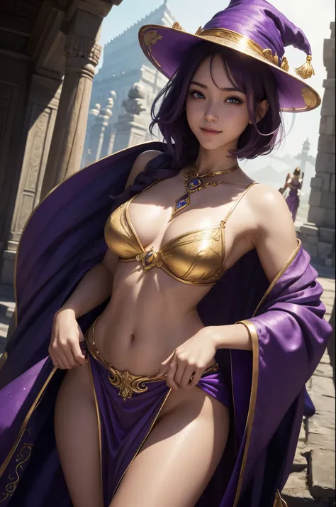 8K,goddess with very small breasts,Goddess and wizard wearing purple sexy costumes&#39;hat with magic wand, very beautiful eyes,golden eyes,Light Purple Short Bob Hair,purple and gold skirt,very small breastsの女神,rugged appearance,Highly detailed ArtGerm, u...