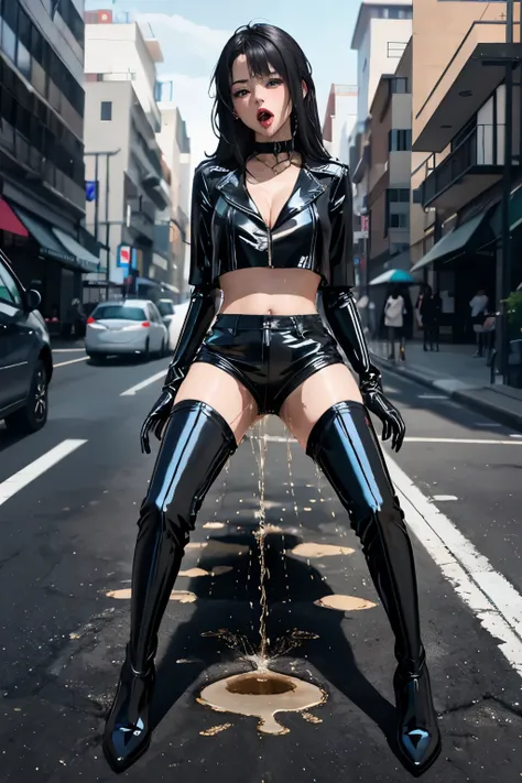 highres, beautiful women, high detail, good lighting, lewd, hentai, (((black latex shorts))), (((black latex thigh high boots)))...