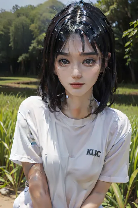 Masterpiece, top image quality, high resolution, solo performance, Korean girl, near a rice field, clothes mixed with mud, almost naked, white T-shirt with the word "slap" written on it, seductive smile, exposing a small amount of skin, muddy body, glisten...