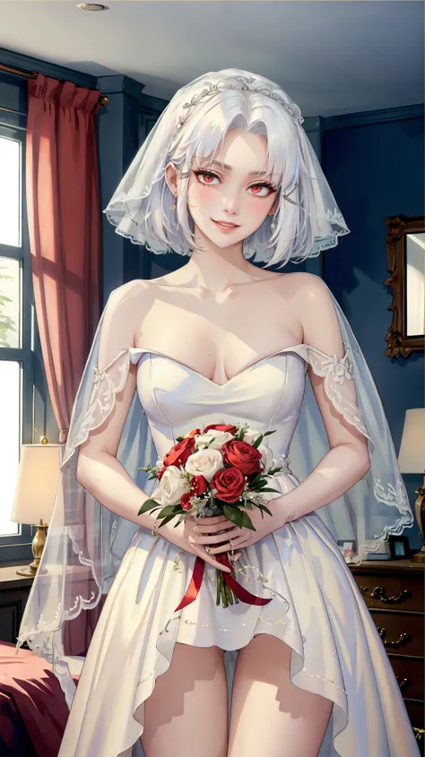 ((((masterpiece, best quality, high resolution)))), (1girl:1.5), ((short hair, white hair, red eyes, sharp eyes)), (average breasts:1.2), (blushing), (light smile, parted lips), glow, thighs, bare shoulders, collarbone, narrow waist, (slender body figure),...