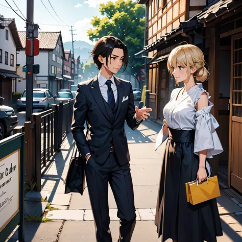 A slim, macho, and handsome Japanese,Let his hair fall all back.He is an elegant German and is shopping with a smiling green-eyed young wife.  A German town one day in 1939