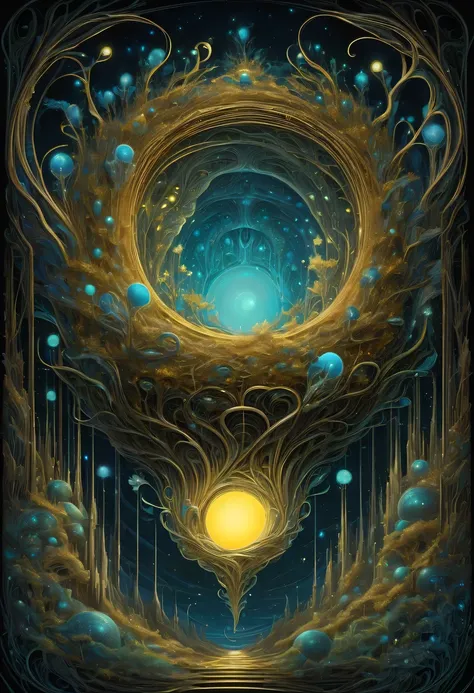 A magical golden nest from the abyss,Nest of alien life, Illumination of bioluminescent plants, The content is very detailed, Surrealism, 10k high resolution, Gouache style, scribble art, Glaslorne, Influenced by Art Nouveau, Given, and future, The Art of ...