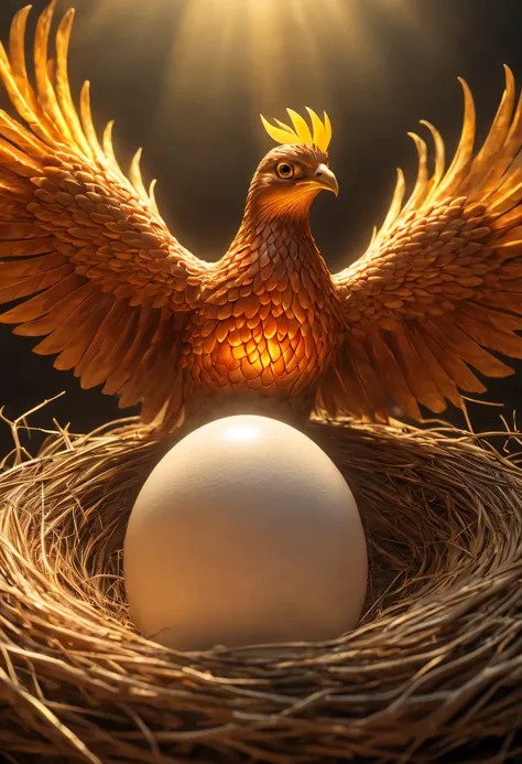 A phoenix guarding its nest, detailed phoenix eggs in nest, optical illusion, god rays, ray tracing, reflection light, masterpiece, highres, award winning