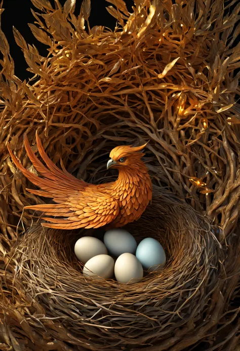 A phoenix guarding its nest, detailed phoenix eggs in nest, optical illusion, ray tracing, reflection light, masterpiece, highres, award winning