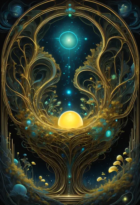 A magical golden nest from the abyss,Nest of alien life, Illumination of bioluminescent plants, The content is very detailed, Surrealism, 10k high resolution, Gouache style, scribble art, Glaslorne, Influenced by Art Nouveau, Given, and future, The Art of ...