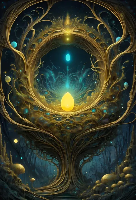 A magical golden nest from the abyss,Nest of alien life, Illumination of bioluminescent plants, The content is very detailed, Surrealism, 10k high resolution, Gouache style, scribble art, Glaslorne, Influenced by Art Nouveau, Given, and future, The Art of ...