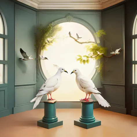 Two white birds sit on the pedestal in front of the window, pigeons : : Rococo, inspired by Frieke Janssens, by Joop Sanders, pigeons, author：Daniel Mertens, David La Chapelle, author：david bailey, author：Paul Bird, Surreal sparrows, Alexander Kucharsky, D...