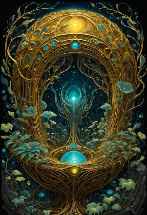 A magical golden nest from the abyss,Alien Thunderbird&#39;s Nest, Illumination of bioluminescent plants, The content is very detailed, Surrealism, 10k high resolution, Gouache style, scribble art, Glaslorne, Influenced by Art Nouveau, Given, and future, T...