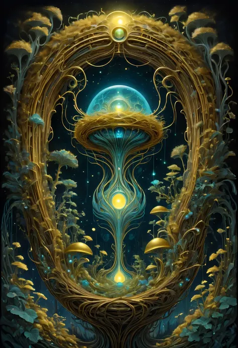 A magical golden nest from the abyss,Alien Thunderbird&#39;s Nest, Illumination of bioluminescent plants, The content is very detailed, Surrealism, 10k high resolution, Gouache style, scribble art, Glaslorne, Influenced by Art Nouveau, Given, and future, T...