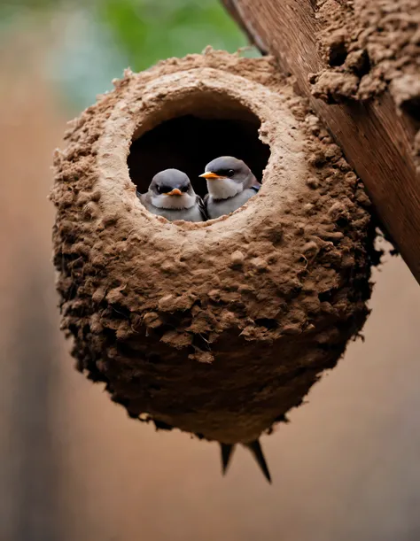 Little swallows are building a nest，Nests are usually found in human habitations、house、pavilion、in the gaps between bridges and other buildings，Sometimes they also build nests in tree holes。The nest is mainly made of a mixture of mud and saliva，cup or disk...