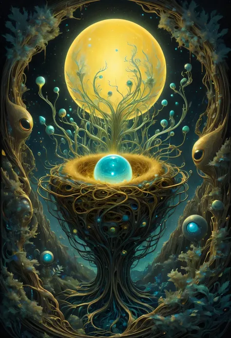 A magical golden nest from the abyss,Nest of alien life, Illumination of bioluminescent plants, The content is very detailed, Surrealism, 10k high resolution, Gouache style, scribble art, Glaslorne, Influenced by Art Nouveau, Given, and future, The Art of ...