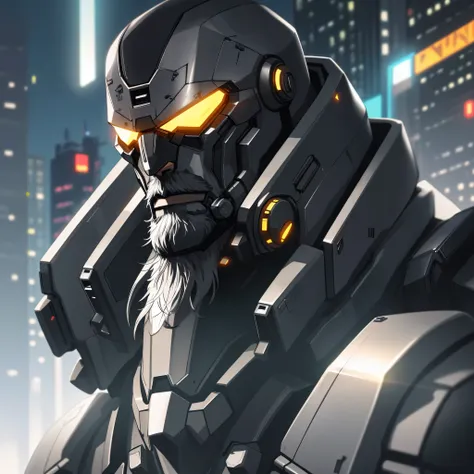 Closeup Portait of middle aged black male, beard, perfect facial hair, wearing mech armour, power suit, cyberpunk night city background, highly detailed, 