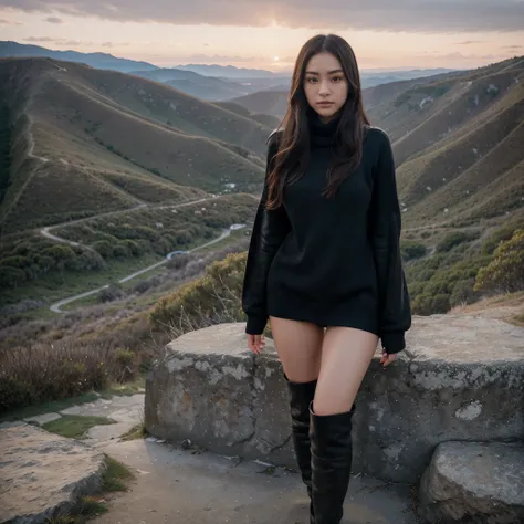 (highly detailed stunningly gorgeous 25 year old Japanese woman in a ((Oversized Sweater with Thigh-High black leather Boots))), pale skin, brown eyes, looking at the camera , (At the peak of a mountain with panoramic views of the surrounding landscape dur...