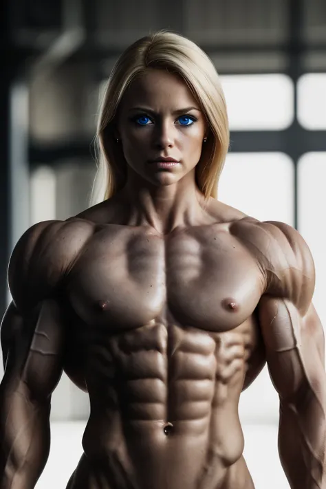 Sean nelson Photography of a blonde female Bodybuilder. shredded muscle, nude, hard facial features, blue eyes, high resolution, masterpiece, best quality, intricate high detail, very detailed, sharp focus, detailed skin, realistic skin texture, profession...