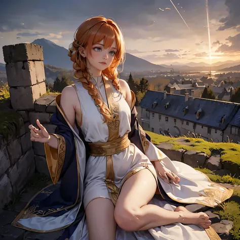 (drooping eyes, sleepy face, aerial angle, realistic skin), bend her knees and lower her hips, (emits light from all over the body, blue flame), lost pupils, dark-orange hair, long thick braid, open legs, casual-dress, outside mountain, castle wall, (medie...