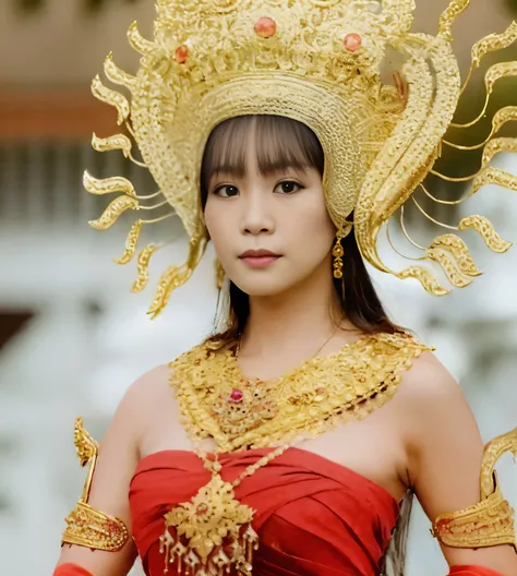 araffe woman in a red dress and gold headdress posing for a picture, a beautiful fantasy empress, sukhothai costume, intricate gold headdress, wearing ornate helmet, traditional beauty, anime thai girl, wearing huge golden crown, wearing an ornate outfit, ...