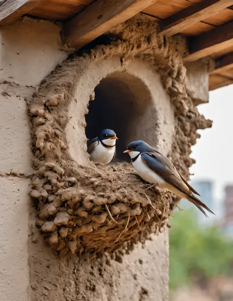 (Two little swallows fly and build a nest),The little swallow is busy picking up mud,The little mouth keeps opening and closing,The mud chunks picked up each time are not big..,Carefully place the mud blocks under the eaves,Nests are often found in human d...