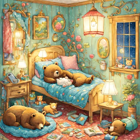 cuteAn illustrationクマの家,bear family:animal:hibernating:cute:nestle:sleep:comfortable and warm:looks happy,An illustration,pop,colorfulに,draw with thick lines,color,dim,lamp light,hibernatingのbear familyが眠っています:dream a happy dream,The house is warm and full...