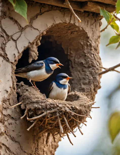 （two little swallows fly and build a nest），the little swallow is busy picking up mud，the little mouth keeps opening and closing，...