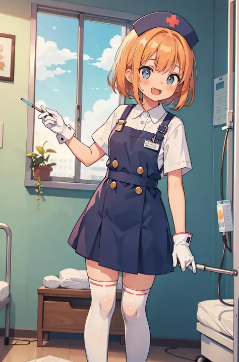 1 girl, alone, nurse, nurse cap, white nurse uniform, ((white legwear, zettai ryouiki)), white gloves, very short hair, orange hair, smile, open your mouth, Are standing, ((hospital room)), sharp outline, short sleeve, Tomboy, boyish, highest quality, mast...