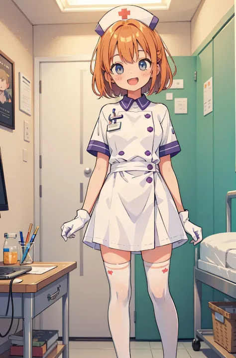 1 girl, alone, nurse, nurse cap, white nurse uniform, ((white legwear, zettai ryouiki)), white gloves, very short hair, orange h...