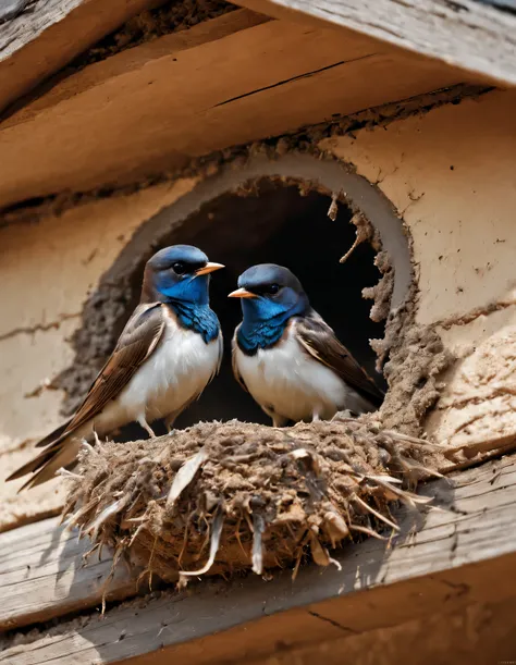 Solargram photography style, （Two little swallows fly and build a nest），The little swallow is busy picking up mud，The little mouth keeps opening and closing，The mud chunks picked up each time are not big..，Carefully place the mud blocks under the eaves，in ...