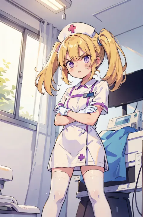 1 girl, alone, nurse, nurse cap, whiteware, ((white legwear, zettai ryouiki)), white gloves, twin tails, yellow hair, purple eye...