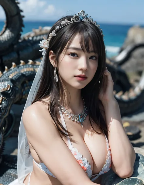 (heavy chest)、highest quality、masterpiece、Super high resolution、（dragon armor）、(((Metal製))),(((big breasts)))、(((detailed white micro bikini))),(wears a beautiful crown made of precious stones),(Photoreal:1.4)、RAW photo、1 girl、(((random hair))、(((take vari...